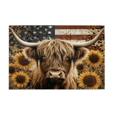 Imagem de Vextrovia 1000 peças de quebra-cabeças de madeira para adultos, vaca das terras altas com girassóis e bandeira americana, arte patriótica vintage, jogo de treinamento cerebral, decoração de fazenda