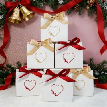 Imagem de Pacote com 6 mini caixas de presente dos namorados com fitas - 3 recipientes pequenos dourados e 3 com design de coração vermelho para chocolates, joias, lembrancinhas, decorações de dia dos namorados