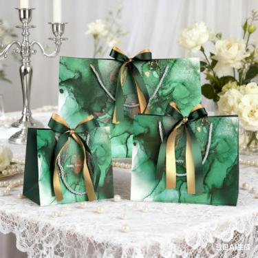 Imagem de DONQE Sacos de presente de papel com alças e fita de laço, sacos de brindes S+M+L a granel, sacolas reutilizáveis de festa para aniversário, Natal, casamento, verde