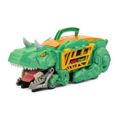 Imagem de Caminhão Dinossauro T-Rex Transportador 2 em 1, Caminhão Maleta com Carrinhos de Brinquedo, Garagem Maleta Transformável Verde