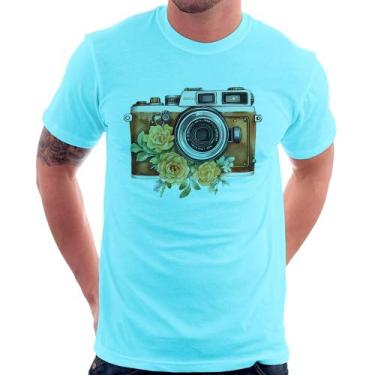 Imagem de Camiseta Máquina Fotográfica Vintage e Flores - Foca na Moda, Azul cla