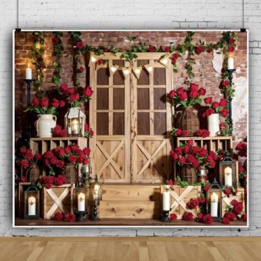 Imagem de Cenário de Dia dos Namorados 3,7 x 3 m Porta de Madeira Rústica Parede Tijolo Rosa Vermelha Cenários para Fotografia de Fundo de Dia dos Namorados Decorações para Festa Aniversário Cabine de Fotos