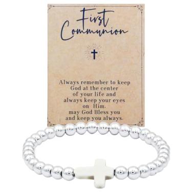 Imagem de Meztole Joias de comunhão para mulheres – Pulseira de cruz de pérolas, primeira comunhão, batismo, joia de confirmação, pulseira cristã católica para filha, neta, sobrinha, Adjustable, Liga de aço