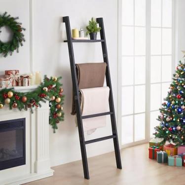Imagem de KOSKOG Escada de cobertor de madeira de 5 camadas com prateleira superior (preto lavado)