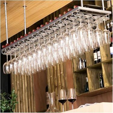 Imagem de Rack de vinho para casa/bar retrô pendurado com suporte de vidro, barra de teto de metal ajustável, rack de vinho e vidro montado na parede industrial, suporte de garrafa organizador de prateleira de