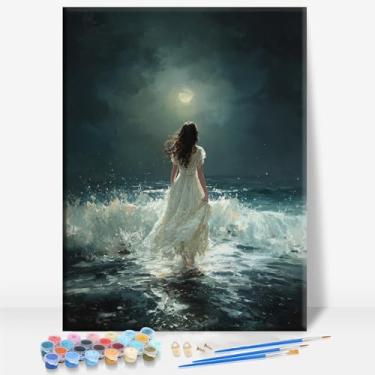 Imagem de HUINORYA A Mulher na Praia Sob o Luar Senhora Emoldurada Pintura DIY Kit de Pintura por Números Bar Café Caverna Casa Parede Banheiro Varanda Pátio Decoração Presente, 40,6 x 30,5 cm