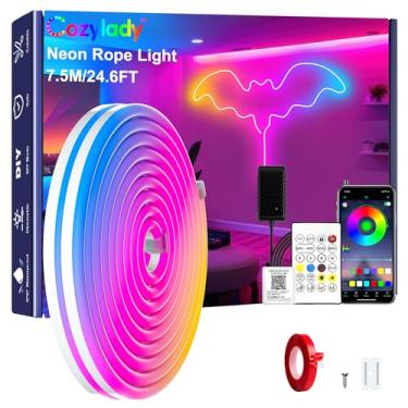 Imagem de Cozylady Luzes de corda neon LED RGB de 20 m para quarto, fita de LED de 7,5 m com fita adesiva dupla face, aplicativo/controle remoto à prova d'água, luzes DIY decoram o exterior e o interior da sua