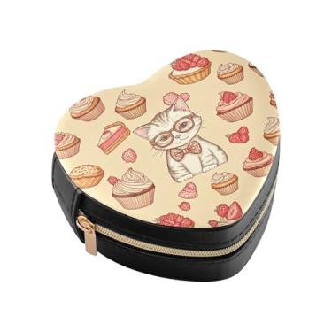 Imagem de Burbuja Caixa de joias em forma de coração de bolo de gato, mini estojo de joias de viagem para mulheres e meninas, estojo portátil organizador de armazenamento para brincos, anéis, colares e