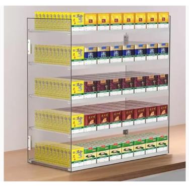 Imagem de Suporte organizador de cigarros montado na parede, suporte de exibição de acrílico transparente para 6 a 10 caixas, solução de armazenamento automático de cigarros, vários (49 x 16 x 66,5 cm)