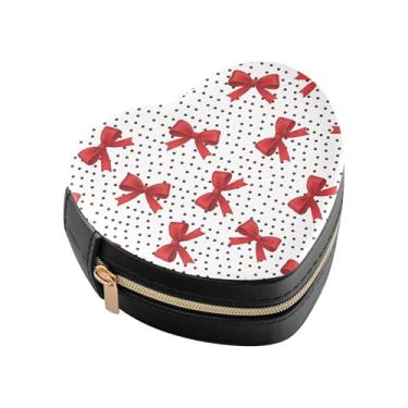 Imagem de Burbuja Mini caixa de joias em forma de coração com laço em pontos para mulheres e meninas, estojo portátil organizador de armazenamento para brincos, anéis, colares e pulseiras