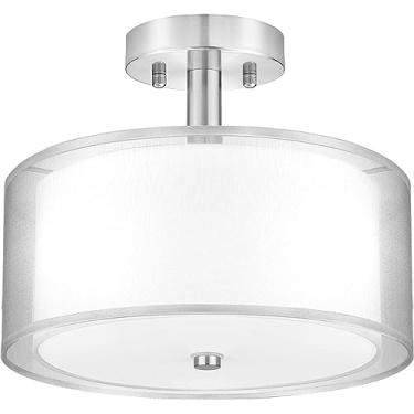 Imagem de RAUGAJ Lustres, luzes de teto, luminária de teto de montagem semi-embutida de 3 luzes, luz de tambor com sombra de tecido duplo, tetos modernos para sala de estar, quarto, sala de jantar, cozinha