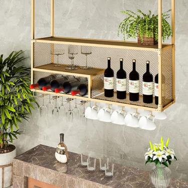 Imagem de Rack de vinho suspenso com suporte de vidro e prateleira, barra de teto de metal, suporte de vinho e vidro montado na parede industrial, suporte de garrafa de ferro, prateleira de vinho para bares