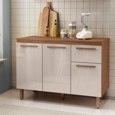 Imagem de Balcão Cozinha Pop 120 Cm Com Tampo 3 Portas E 1 Gaveta Freijó/baunilha/freijó