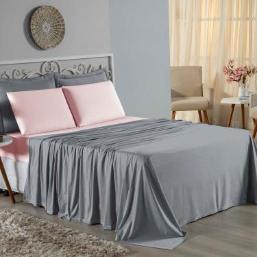 Imagem de Jogo De Cama Casal Nobre 4 Peças Lençol Com Elástico De 30cm De Altura Malha 100% Algodão - Cinza / Rosa