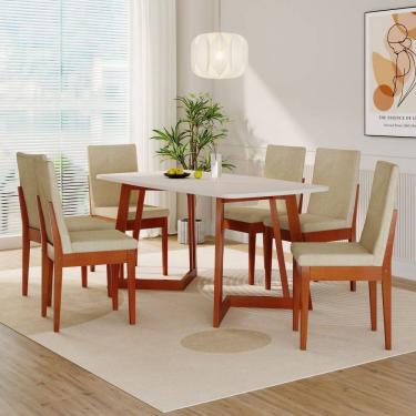 Imagem de Conjunto Sala de Jantar Califórnia 6 Lugares Retangular Madeira Maciça Dakota Caramelo/Palha/Off White