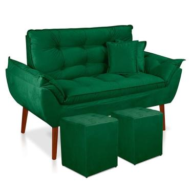 Imagem de Kit Poltrona Decorativa Namoradeira 2 Puffs Quadrado E 2 Almofadas Suede - Lm Decor Verde