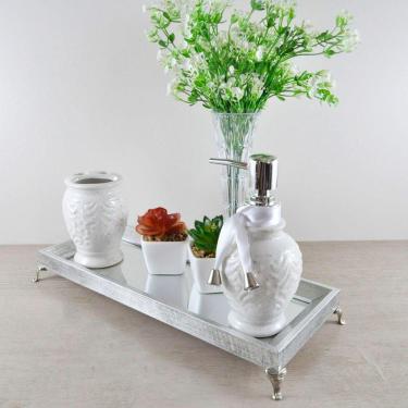 Imagem de Bandeja Espelhada Lavabo Banheiro "SLIN" madeira PRATA 12x32x4cm pés de metal prateado/cromado