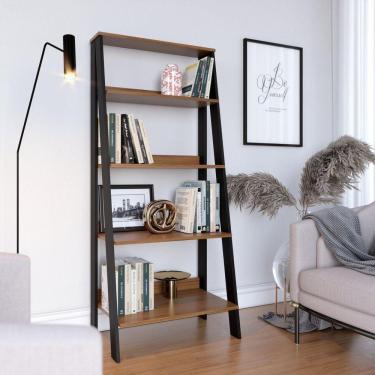 Imagem de Estante para Livros Escada 4 Prateleiras Tok Yescasa Noce Milano/Preto Fosco