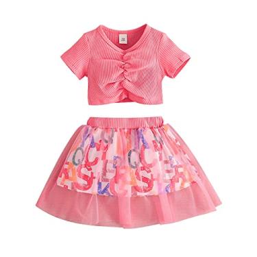 Imagem de 2023 nova camiseta infantil de manga curta e saia duas peças doce menina fio de rede roupas para bebê menina recém-nascida (rosa choque, 2-3 anos)