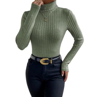 Imagem de RoseSeek Camiseta feminina de gola rolê de malha canelada manga longa slim fit casual outono tops básicos, Verde militar, G