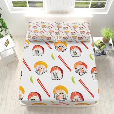 Imagem de Jogo de lençol Queen Size com bolso profundo de 40,6 cm, desenho japonês de sushi, para quarto de crianças e adultos, branco, 4 peças (1 lençol com elástico, 1 lençol de cima, 2 fronhas)