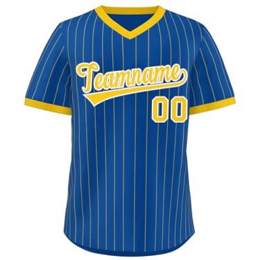 Imagem de Camiseta de beisebol listrada personalizada com decote em V uniforme esportivo costurado número para homens mulheres jovens, Azul/amarelo-09, One Size