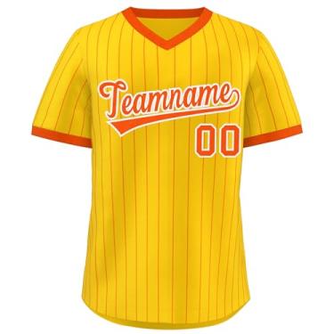 Imagem de Camiseta de beisebol listrada personalizada com decote em V uniforme esportivo costurado número para homens mulheres jovens, Amarelo/laranja-04, One Size