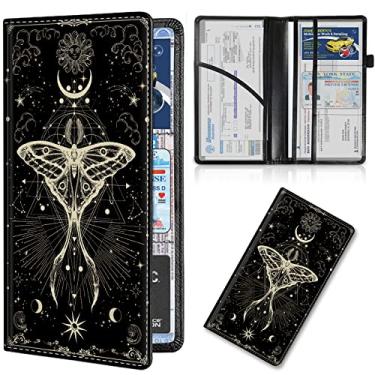 Imagem de EDGFRTOIO Porta-cartão de registro de carro e seguro, capa carteira de veículo de couro PU premium para porta-luvas organizador de carro, carteira de motorista/cartões/documento essencial de identidade, bruxa traça e lua fase