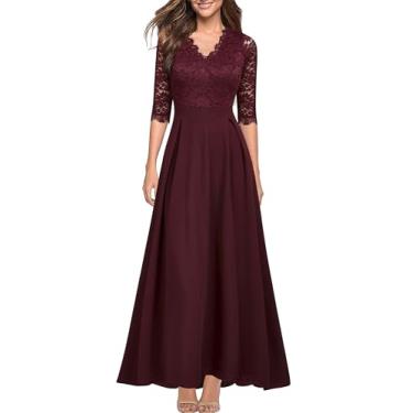 Imagem de REPHYLLIS Vestido longo vintage formal de renda com decote em V para madrinha de casamento, 11 Vermelho escuro, XGG