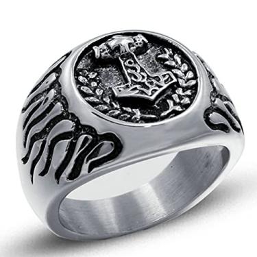 Imagem de Anel largo Thors Hammer Mjolnir Viking Signet Statement Band para homens runas nórdicas 316L aço inoxidável anéis masculinos moda marido namorado aniversário noivado The Elder Futhark Runas nórdica