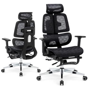 Imagem de Cadeira de escritório de malha grande e alta com apoio para os pés - profundidade e encosto ajustáveis do assento, suporte lombar adaptável, braços 4D, cadeira ergonômica para computador de mesa com