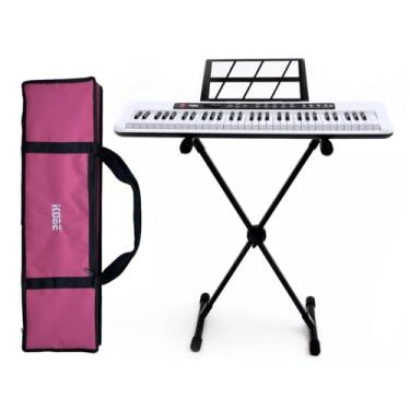 Imagem de Kit Teclado Arranjador Kobe KB-150 WH Branco 5/8 61 Teclas Com Suporte e Capa Rosa