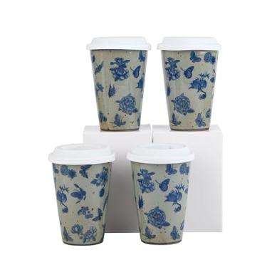Imagem de meicilin Conjunto de 4 canecas de café de cerâmica de 4 canecas de café retrô azuis e brancas feitas à mão para chá, leite, lava-louças e micro-ondas, capa de silicone macio para presente grátis e