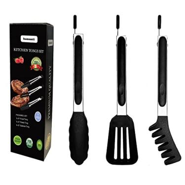 Imagem de Conjunto de pinças de silicone 3 em 1, pegador de alimentos antiaderente de aço inoxidável com pontas de silicone livre de BPA para servir espaguete, bife, pizza, salada, vegetais, frutas, churrasco, assar, buffet - (23 cm, preto)