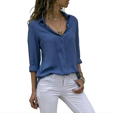 Imagem de Blusas femininas elegantes blusa de chiffon sólida primavera verão casual manga comprida gola em v camisa solta, azul, m