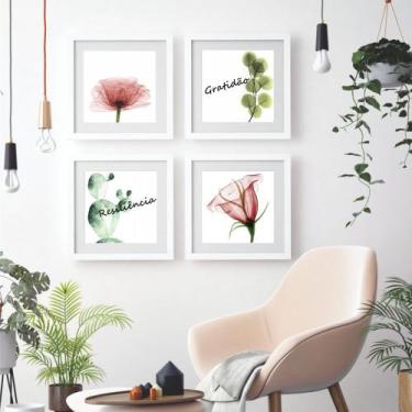 Imagem de Quadro 4pçs Campanula Rosa Folhas Cacto Vidro - DECORATIVA