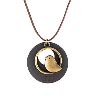 Imagem de Boho Pingente de madeira vintage feito à mão com berloques fofos colar longo de couro verde exército corrente suéter para meninas mulheres colar longo estilo presente moda, Aço inoxidável, n/c