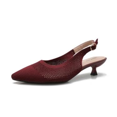 Imagem de qibusleen Slingback Kitten Heels for Women bico fino fechado malha Slingbacks confortável vestido com tira no tornozelo Slingback Low Kitten escarpim, festa trabalho, Vinho tinto, 36