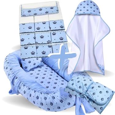 Imagem de Kit Completo Bebê – Toalha de Banho Forrada, Ninho Redutor de Berço, 6 Toalhas de Ombro e Trocador Portátil (Príncipe Azul)