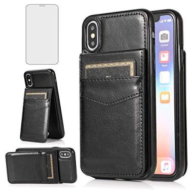 Imagem de Capa de celular para iPhone Xs Max com protetor de tela de vidro temperado, suporte para cartão de crédito, carteira, acessórios de celular de couro i X XR Xsmax 10x SX Xmax 10xs 10s 10 Plus Xmaxs Cases feminino masculino preto