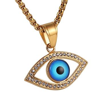 Imagem de HZMAN Colar de aço inoxidável com pingente de proteção do olho de Hórus Egito banhado a ouro 18k