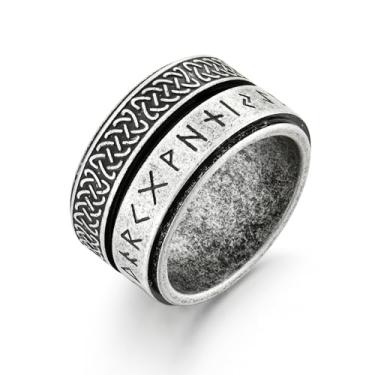 Imagem de Raymard Anel giratório de runa viking para homens, anéis vintage de nó celta para homens, anéis de amuleto nórdico de aço inoxidável, tamanho 7-12, Aço inoxidável, Sem pedra preciosa