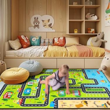 Imagem de Tapete infantil, tapete de corrida, tapete de carro para crianças, 2,4 x 3 m, educação, rodovia, trânsito da cidade, tapete divertido para bebês, meninos, quarto, sala de jogos (tapete de carro, 2,4 x