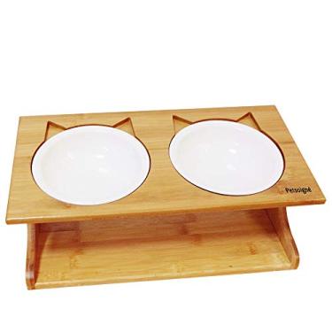 Imagem de Petsoigné – Mesa de jantar para animais de estimação com suporte elevado de madeira para animais de estimação com suporte oblico para gatos, cães, gatinhos e filhotesPetsoigné Double bowl marrom