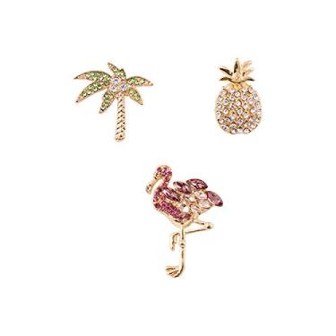 Imagem de 3 peças broche de cristal de strass pino aderente tropical coco árvore flamingo abacaxi saia cardigã chapéu cachecol alfinete lapela broche xaile, Metal