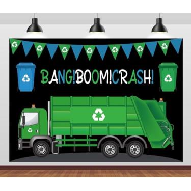 Imagem de CORFOTO Pano de fundo de caminhão de lixo 2,1 x 1,5 m Bang Boom Crash desenho animado lixeira lata de lixo fundo de caminhão de lixo para decoração de festa de aniversário meninos crianças retrato