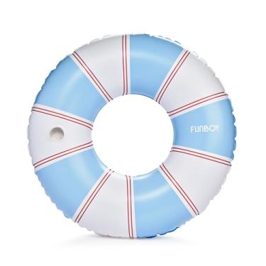 Imagem de FUNBOY Boia de piscina gigante vintage listrada azul e vermelha com suporte de copo 122 cm boia de piscina para adultos, tubo interno, brinquedos de piscina, acessórios de piscina, acessórios de