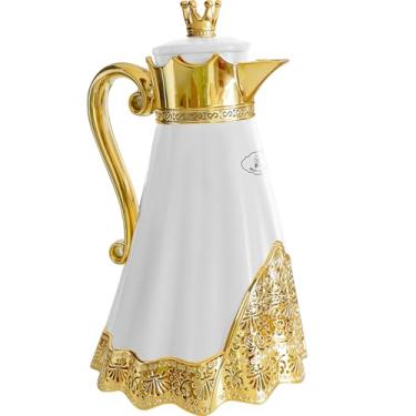 Imagem de Garrafa térmica de luxo estilo árabe com isolamento térmico, 1000 ml, jarra térmica a vácuo estilo árabe para chá e bebida quente e fria, bênçãos de mudança e inauguração de casa (branca)