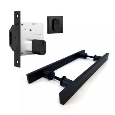 Imagem de Kit Puxador Porta de Correr Madeira Preto Fosco 30cm Duplo Barra Chata + Fechadura Stam Porta Correr Asa de Avião Preta