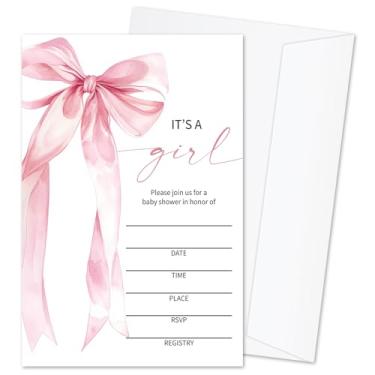 Imagem de mermermu Convites de chá de bebê Pink Bow para meninas, cartões de convite de anúncio de bebê, 25 conjuntos de convites de chá de bebê com envelopes, suprimentos de festa de revelação de gênero -B03